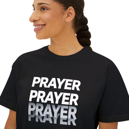 Prayer Boxy Tee — Women's Spiritual Graphic Top (Prayer Repeated Design)