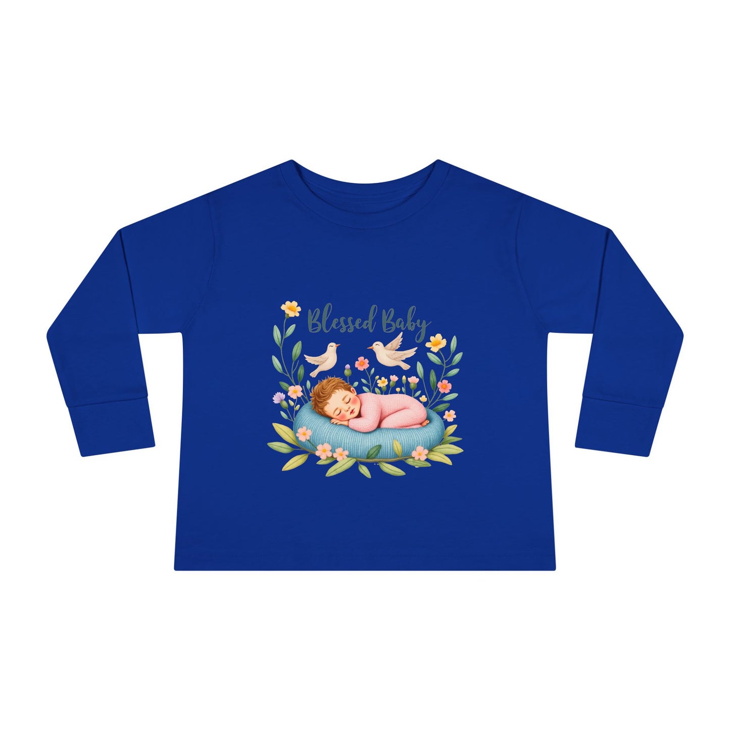 Blessed Baby Toddler Long Sleeve Tee — Cute Sleeping Newborn Floral Design