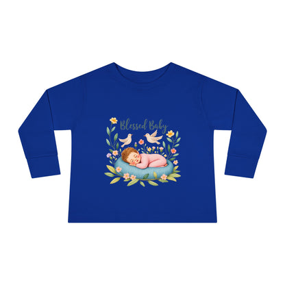 Blessed Baby Toddler Long Sleeve Tee — Cute Sleeping Newborn Floral Design