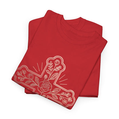 Floral Cross Tee – Delicate Pink Botanical Christian T-Shirt