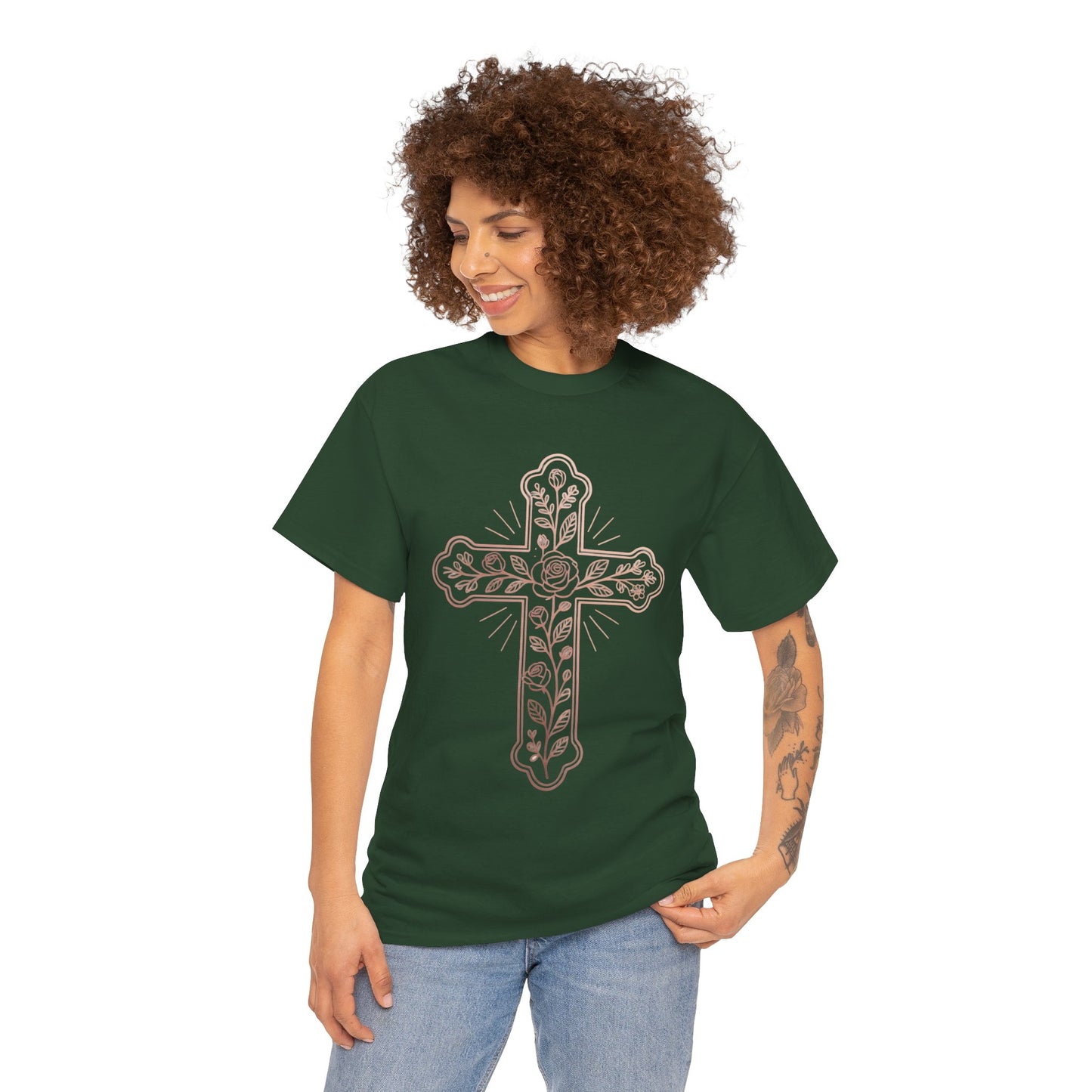 Floral Cross Tee – Delicate Pink Botanical Christian T-Shirt