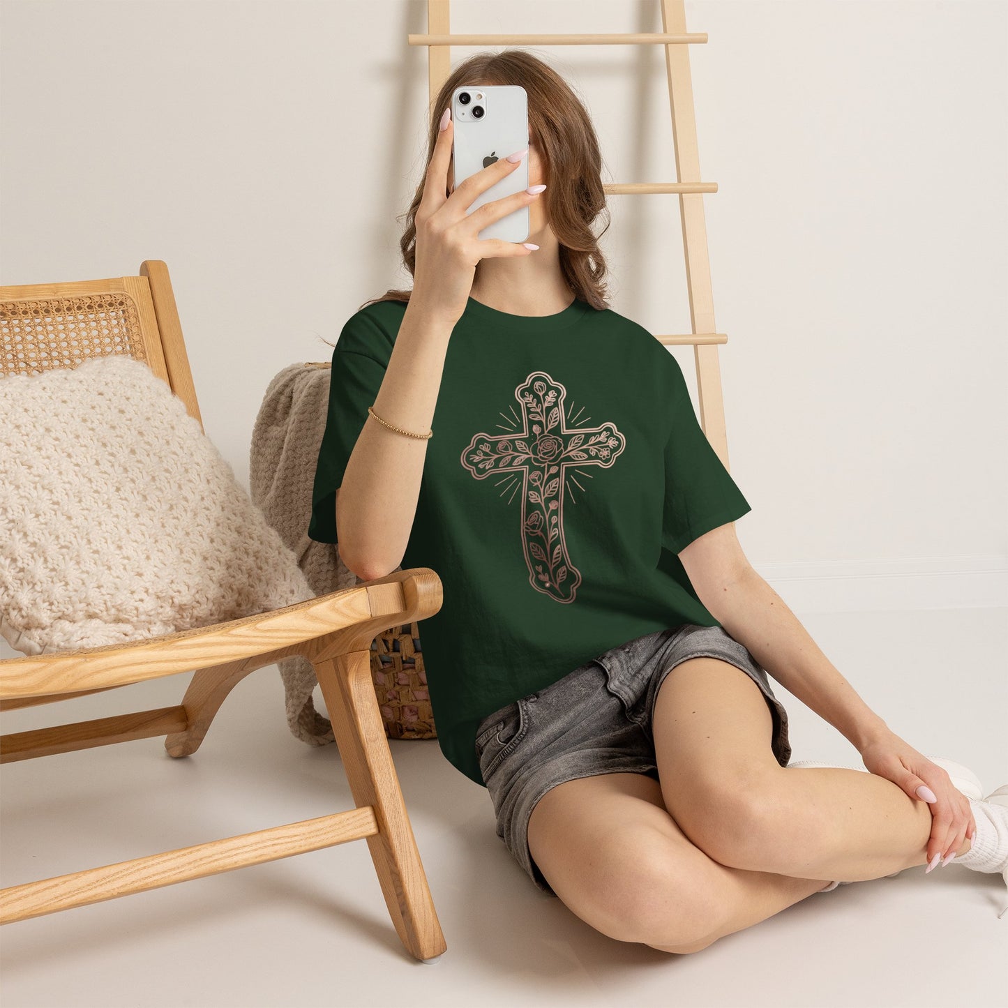 Floral Cross Tee – Delicate Pink Botanical Christian T-Shirt