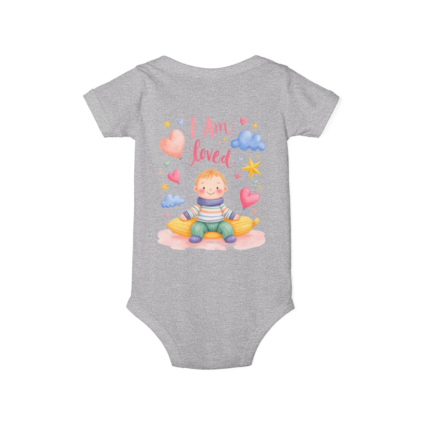 “I Am Loved” Baby Onesie – Cute Infant Bodysuit with Heart & Cloud Illustration