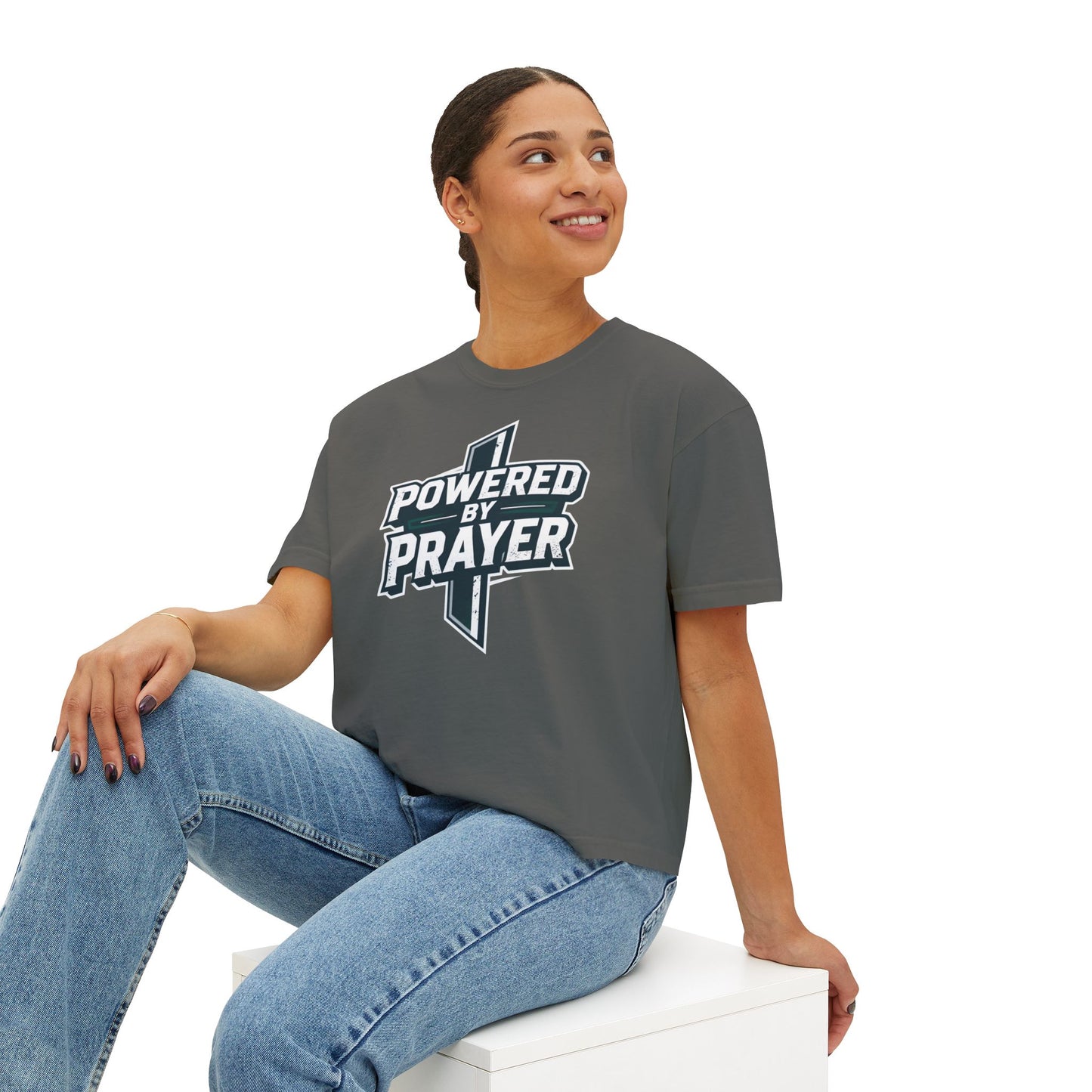 Powered by Prayer Boxy Tee — Women's Christian Graphic Shirt