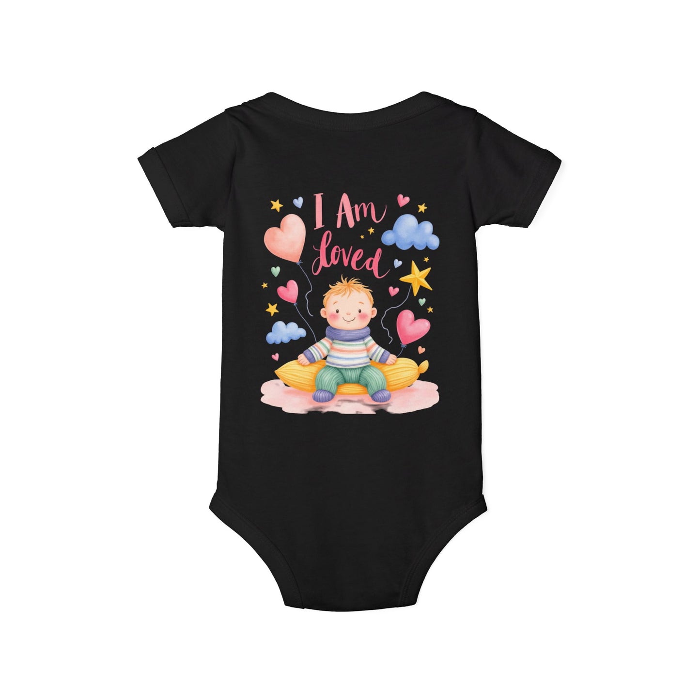 “I Am Loved” Baby Onesie – Cute Infant Bodysuit with Heart & Cloud Illustration