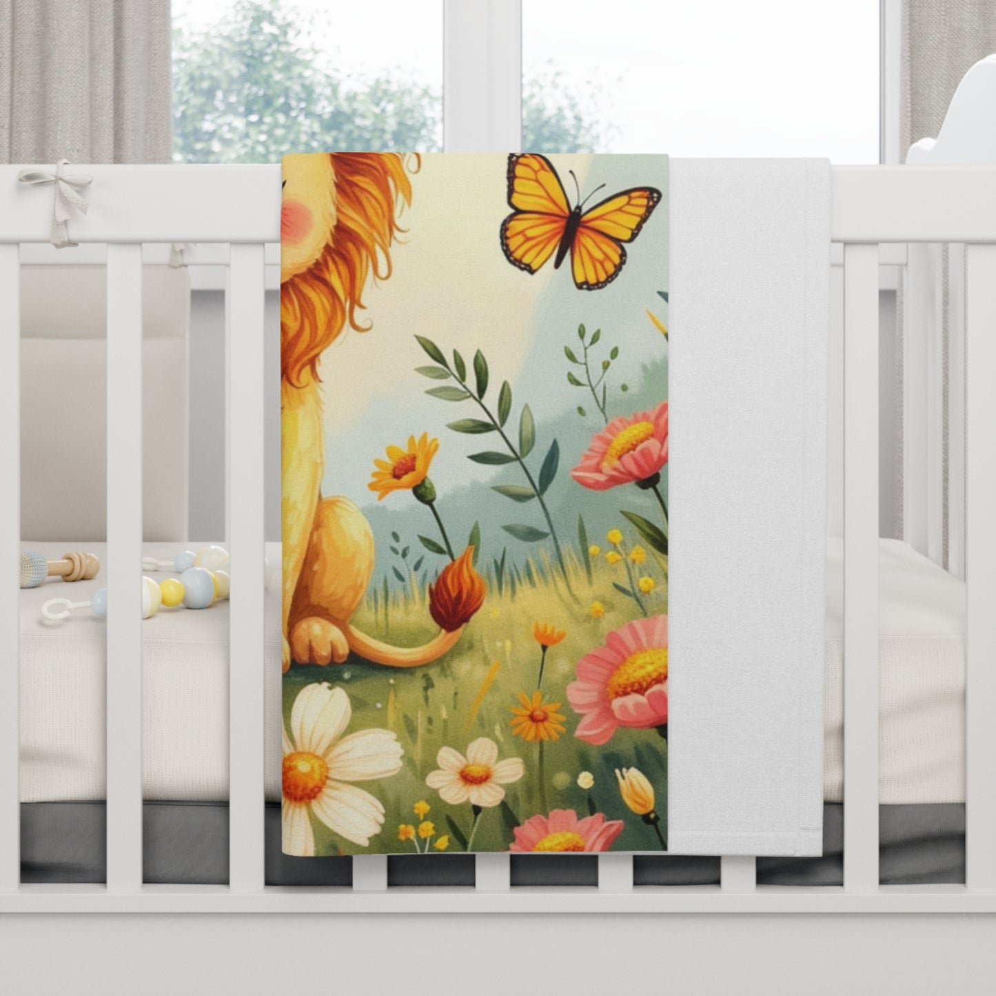 Cute Lion Baby Blanket — Soft Fleece Nursery Throw with Sun & Butterflies