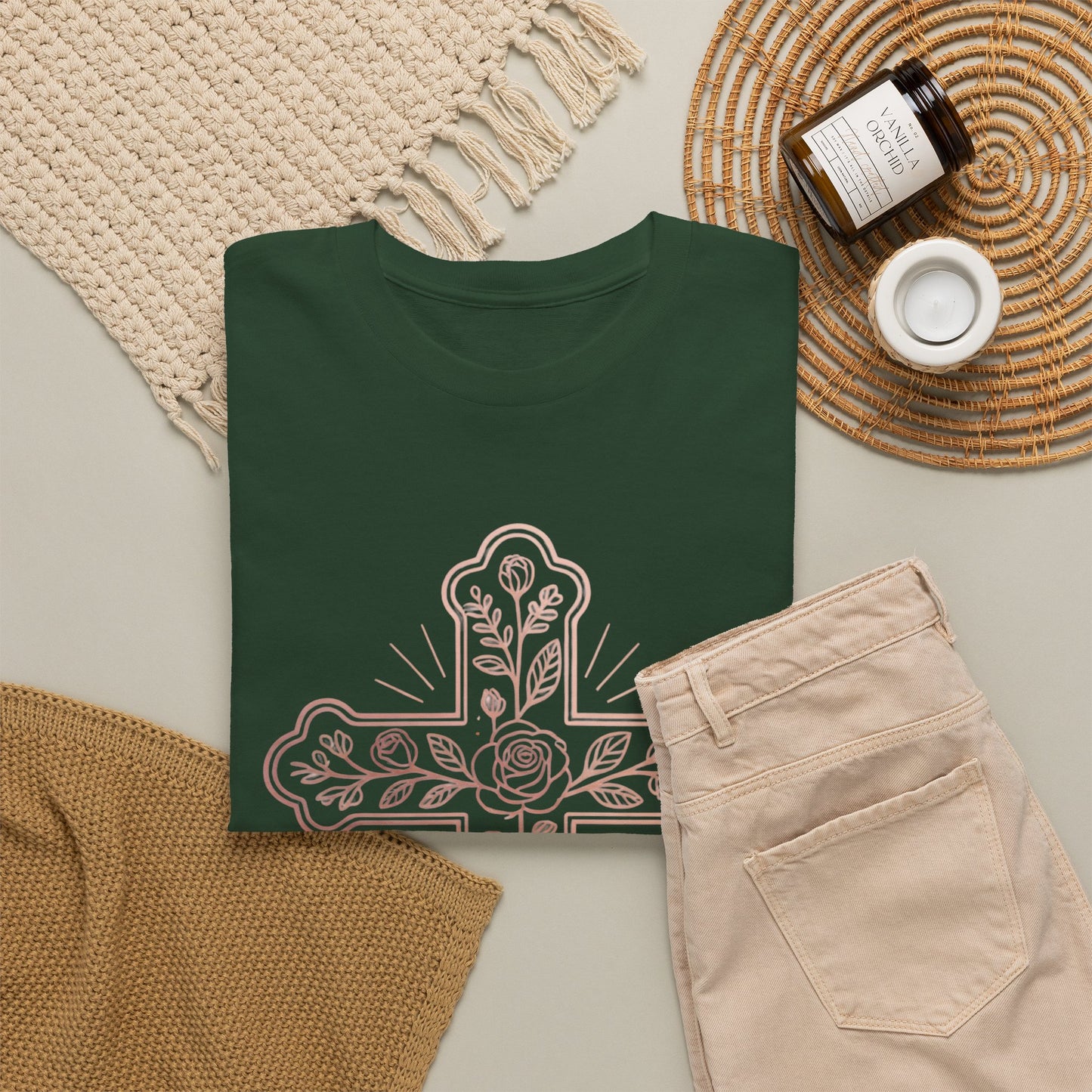 Floral Cross Tee – Delicate Pink Botanical Christian T-Shirt