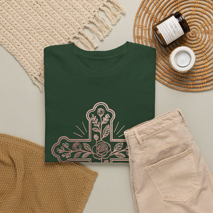 Floral Cross Tee – Delicate Pink Botanical Christian T-Shirt