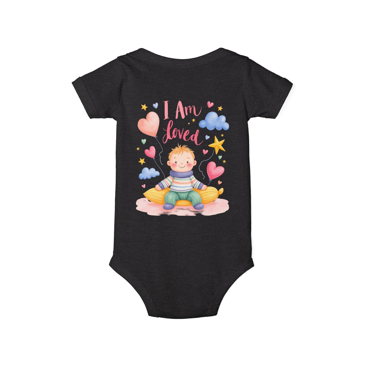 “I Am Loved” Baby Onesie – Cute Infant Bodysuit with Heart & Cloud Illustration