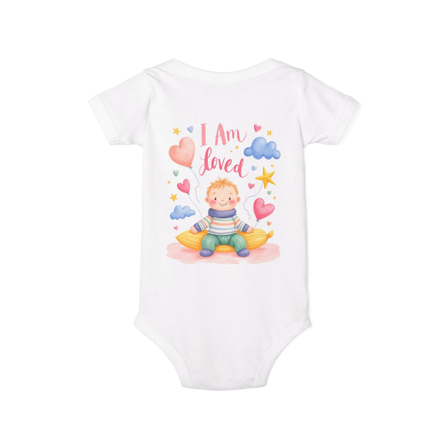 “I Am Loved” Baby Onesie – Cute Infant Bodysuit with Heart & Cloud Illustration