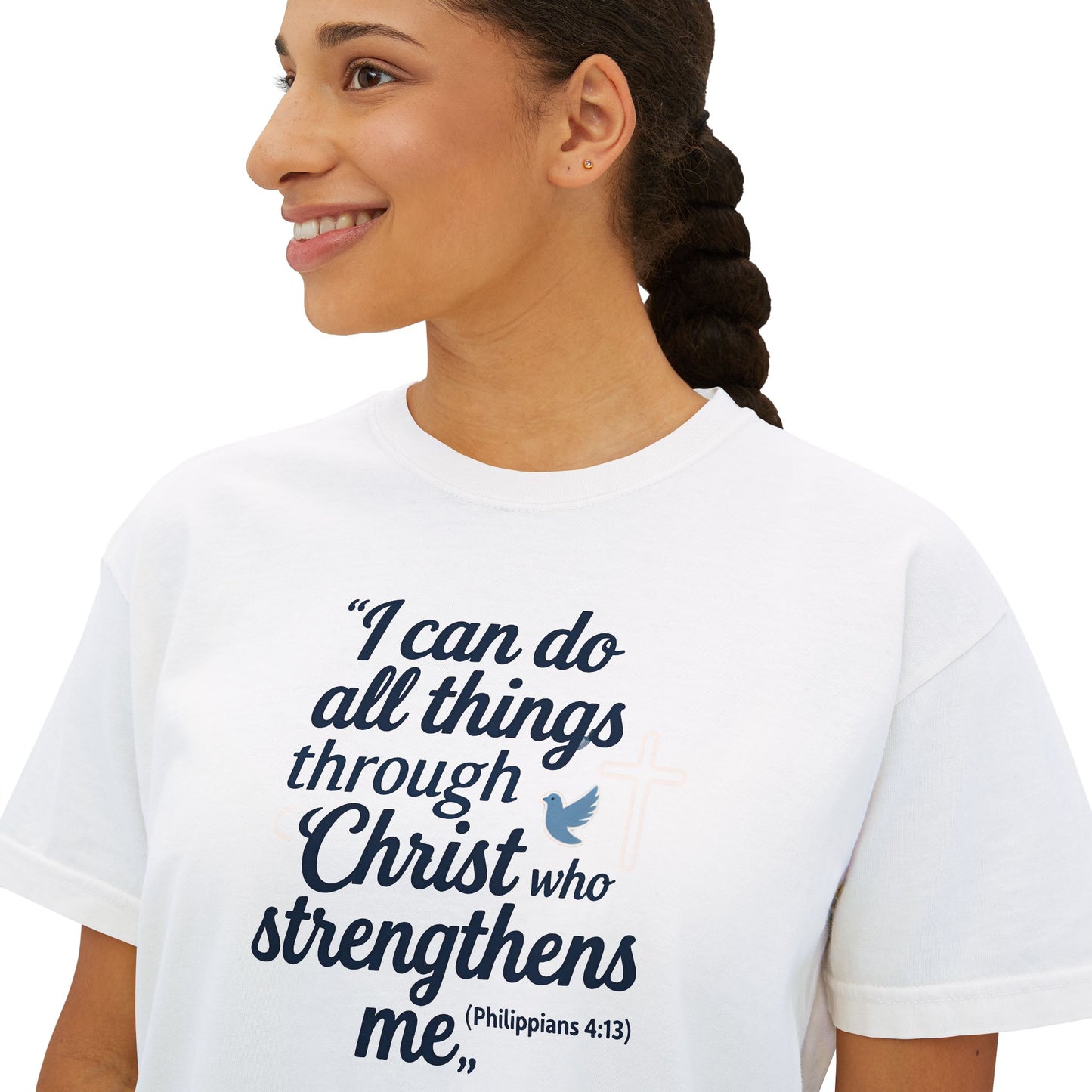 Christian Graphic Boxy Tee — "I Can Do All Things Through Christ" Inspirational Women’s T‑Shirt