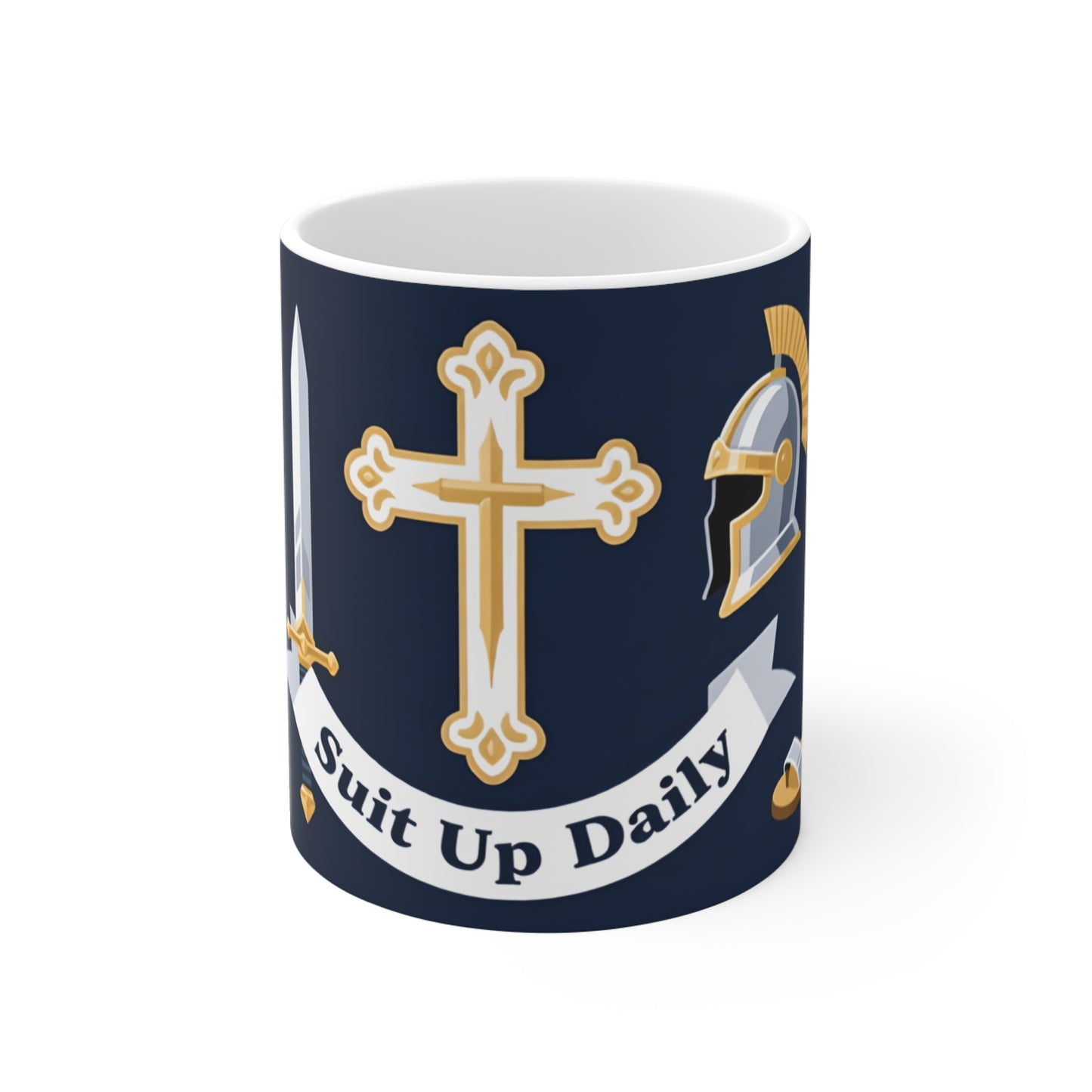 Knight Crest 11oz Mug — 'Quiet Courage' Navy & Gold Ceramic Coffee Cup