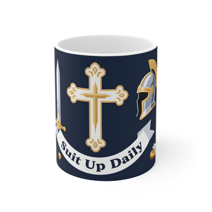 Knight Crest 11oz Mug — 'Quiet Courage' Navy & Gold Ceramic Coffee Cup