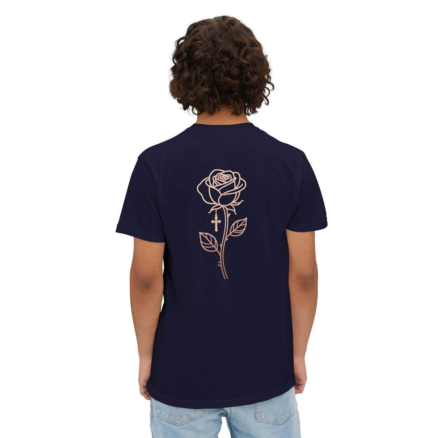 Garment-Dyed Pocket Tee — Rose Line-Art Back Design