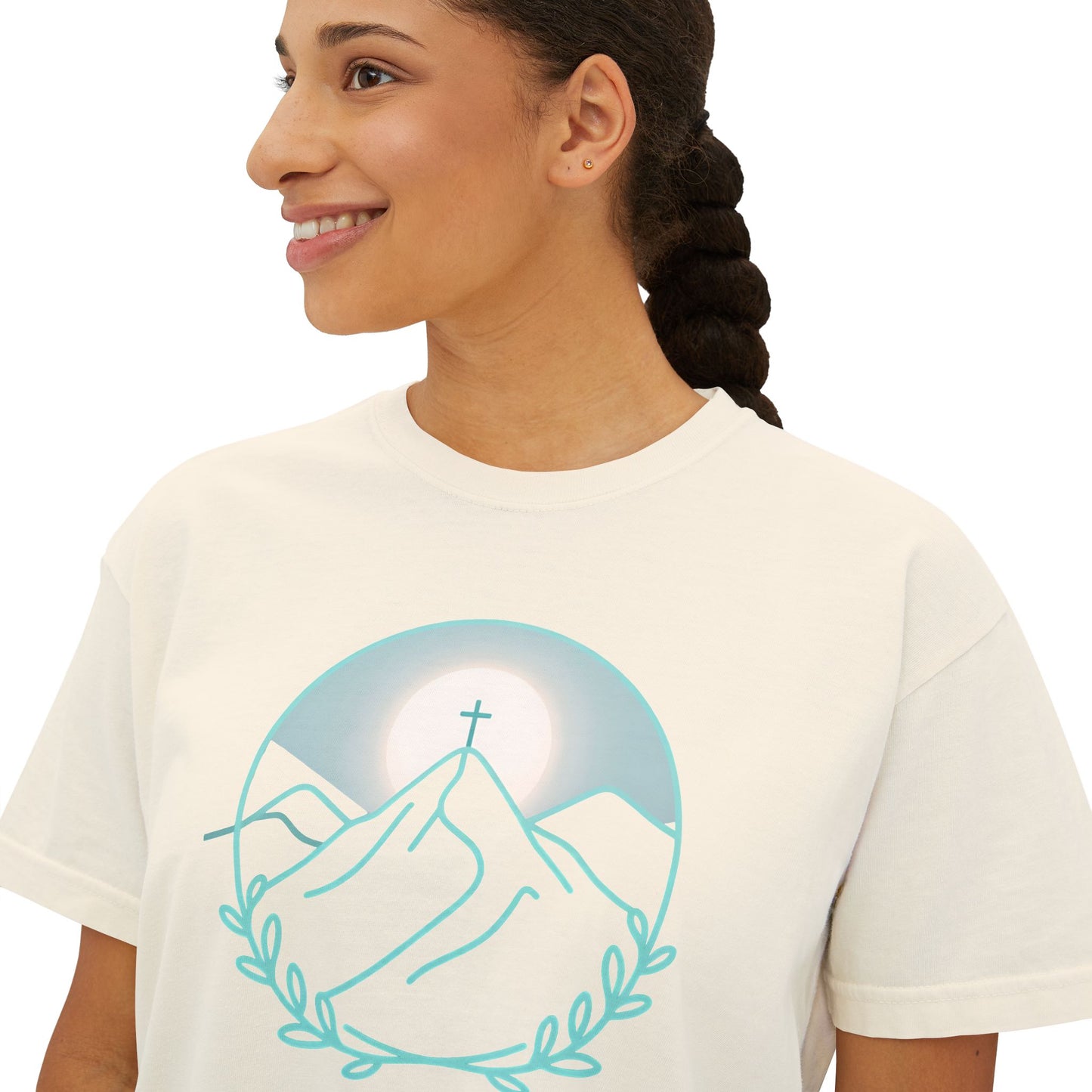 Women's Boxy Tee — Sunrise Mountain Line Art with Laurel (Calm, Faith-Inspired Vintage Tee)