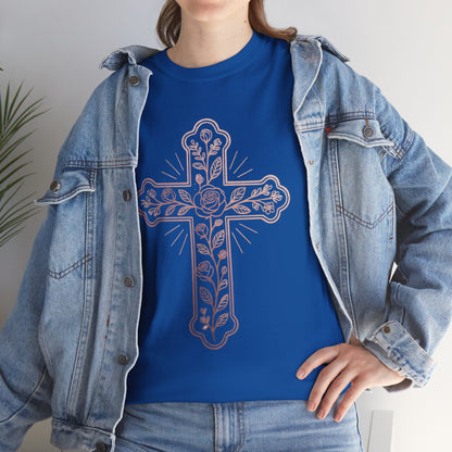 Floral Cross Tee – Delicate Pink Botanical Christian T-Shirt