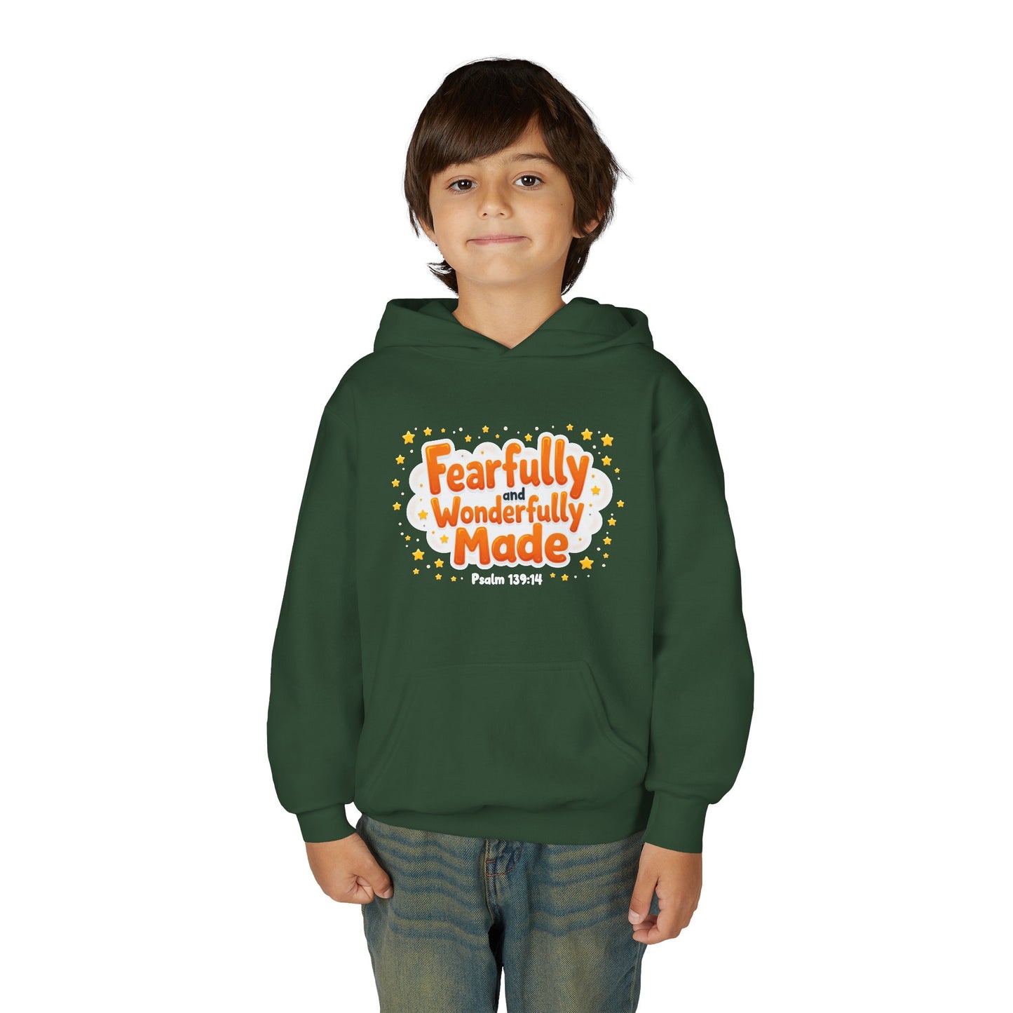 Youth Hoodie — "Fearfully & Wonderfully Made" Christian Kids Sweatshirt (Psalm 139:14)