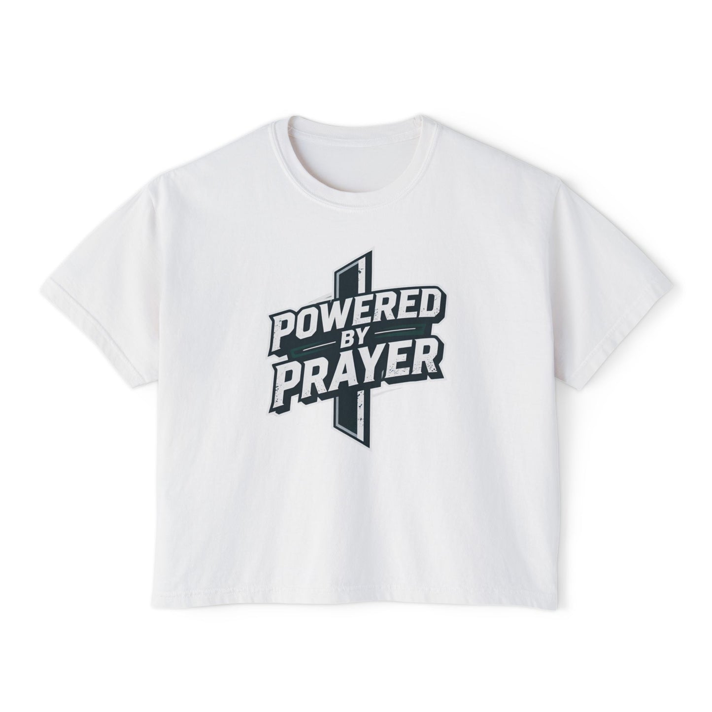 Powered by Prayer Boxy Tee — Women's Christian Graphic Shirt