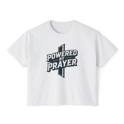 Powered by Prayer Boxy Tee — Women's Christian Graphic Shirt