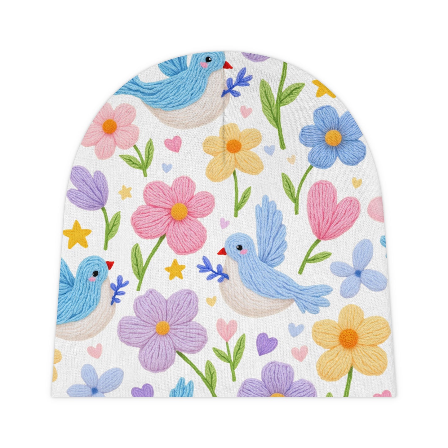 Baby Beanie — Pastel Floral & Bluebird Knit Hat for Newborns