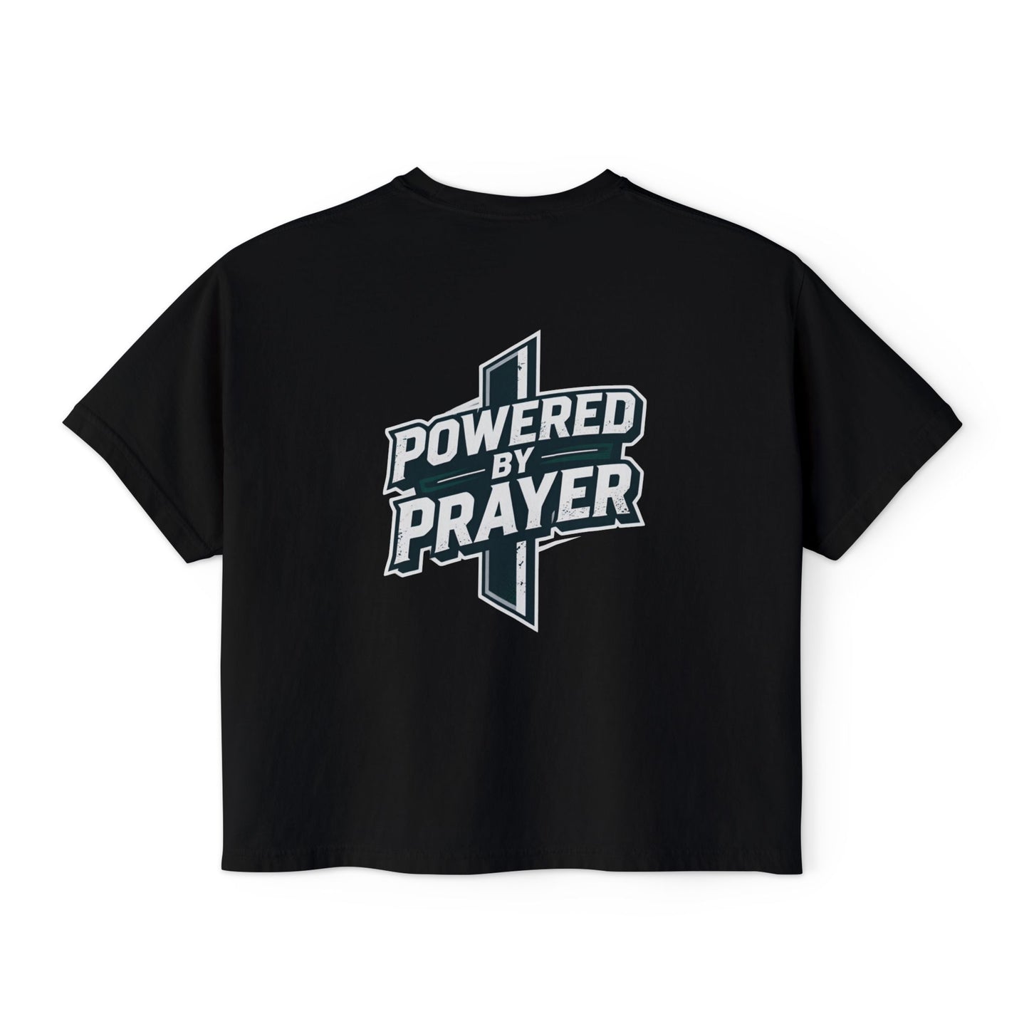 Powered by Prayer Boxy Tee — Women's Christian Graphic Shirt
