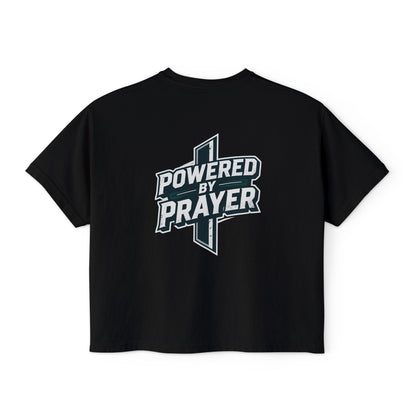 Powered by Prayer Boxy Tee — Women's Christian Graphic Shirt