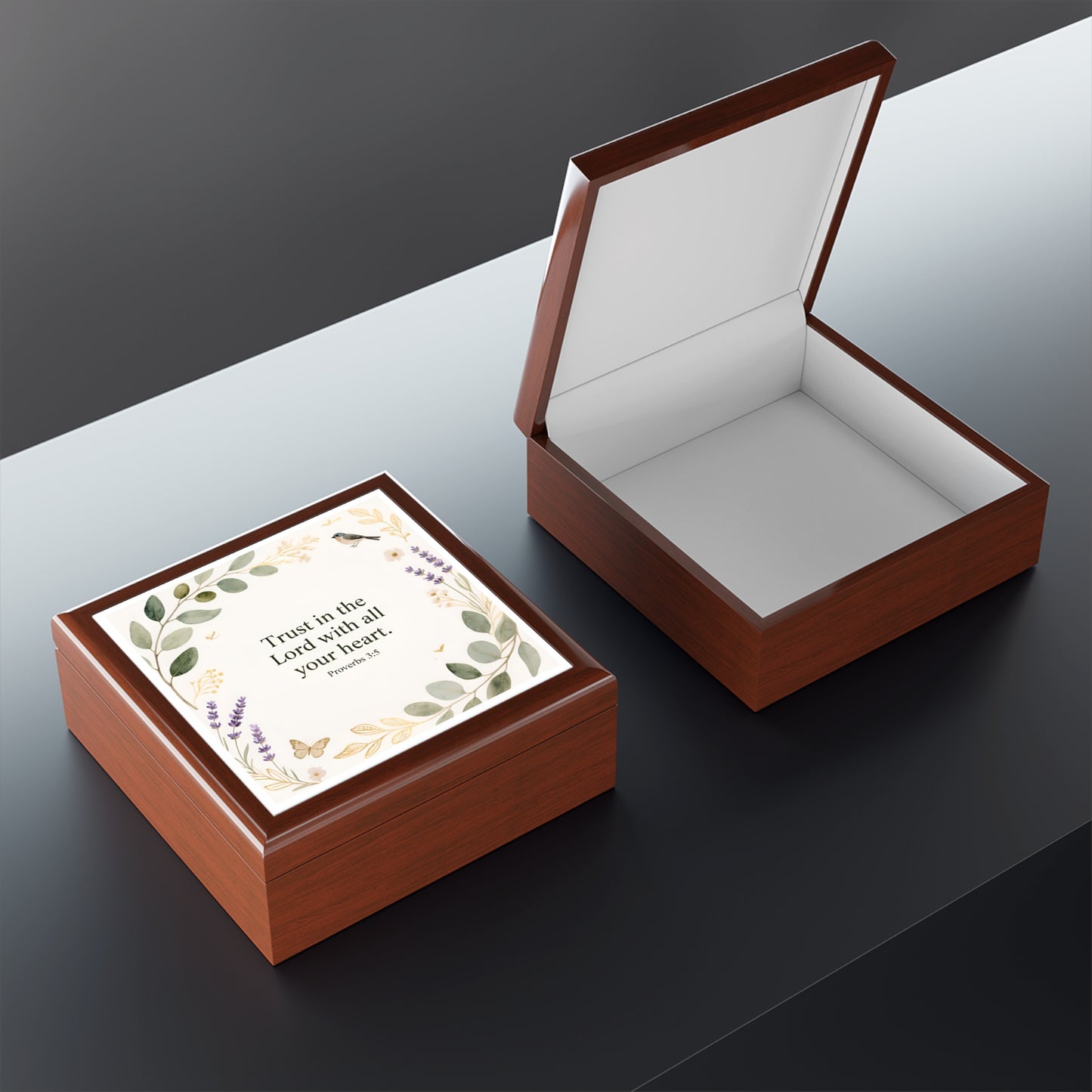 Religious Jewelry Box — "Trust in the Lord with all your heart" Floral Keepsake Box