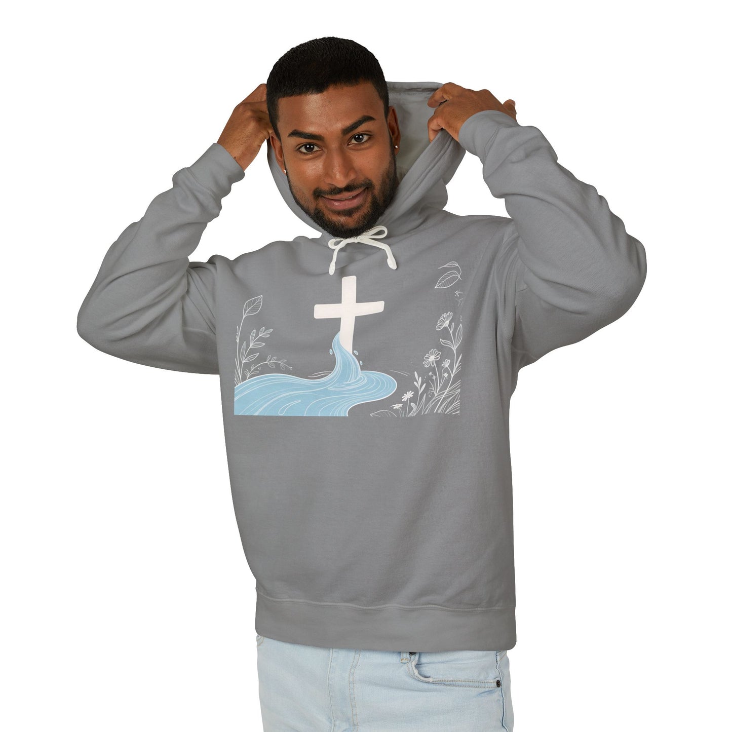 Lightweight Faith Hoodie — Subtle Cross & Stream Design