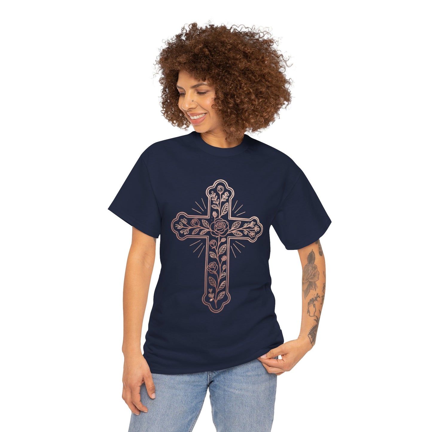 Floral Cross Tee – Delicate Pink Botanical Christian T-Shirt