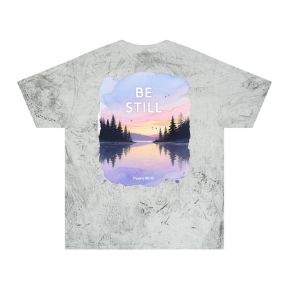 Be Still Scenic T-Shirt — Psalm 46:10 Sunset Lake Tee