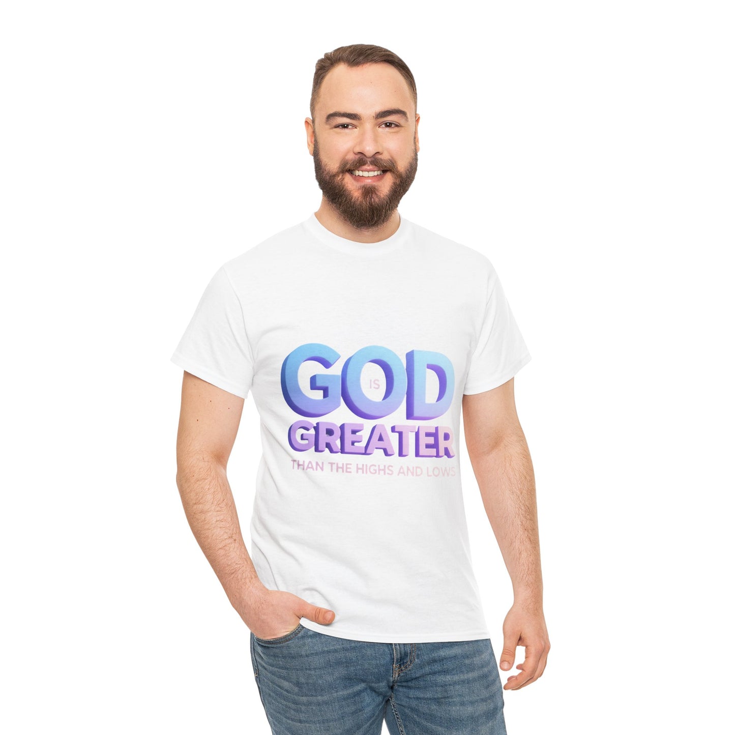 God Greater Gradient Tee — Soft Blue & Lilac Faith Shirt