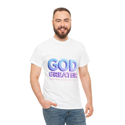 God Greater Gradient Tee — Soft Blue & Lilac Faith Shirt