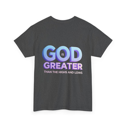 God Greater Gradient Tee — Soft Blue & Lilac Faith Shirt