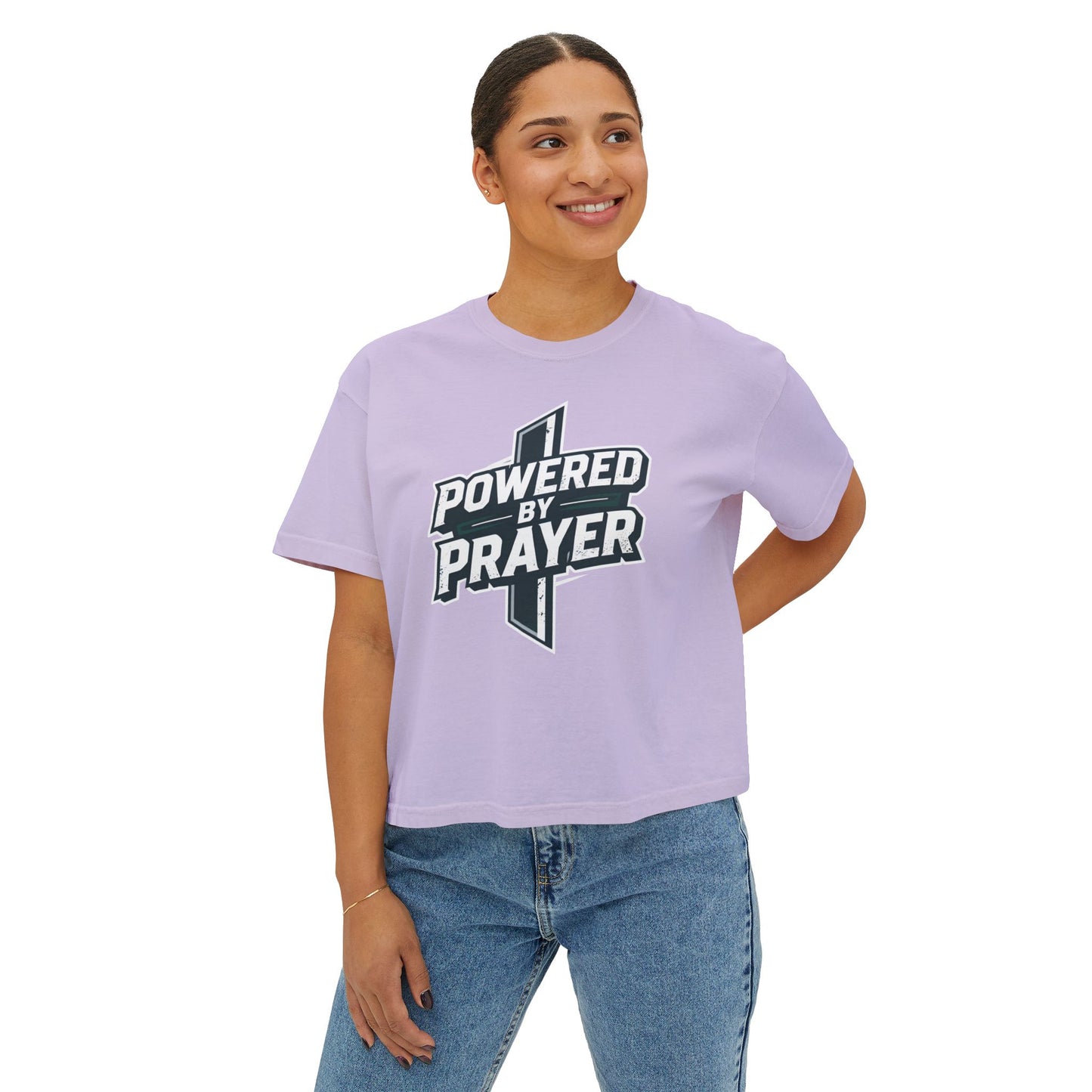 Powered by Prayer Boxy Tee — Women's Christian Graphic Shirt