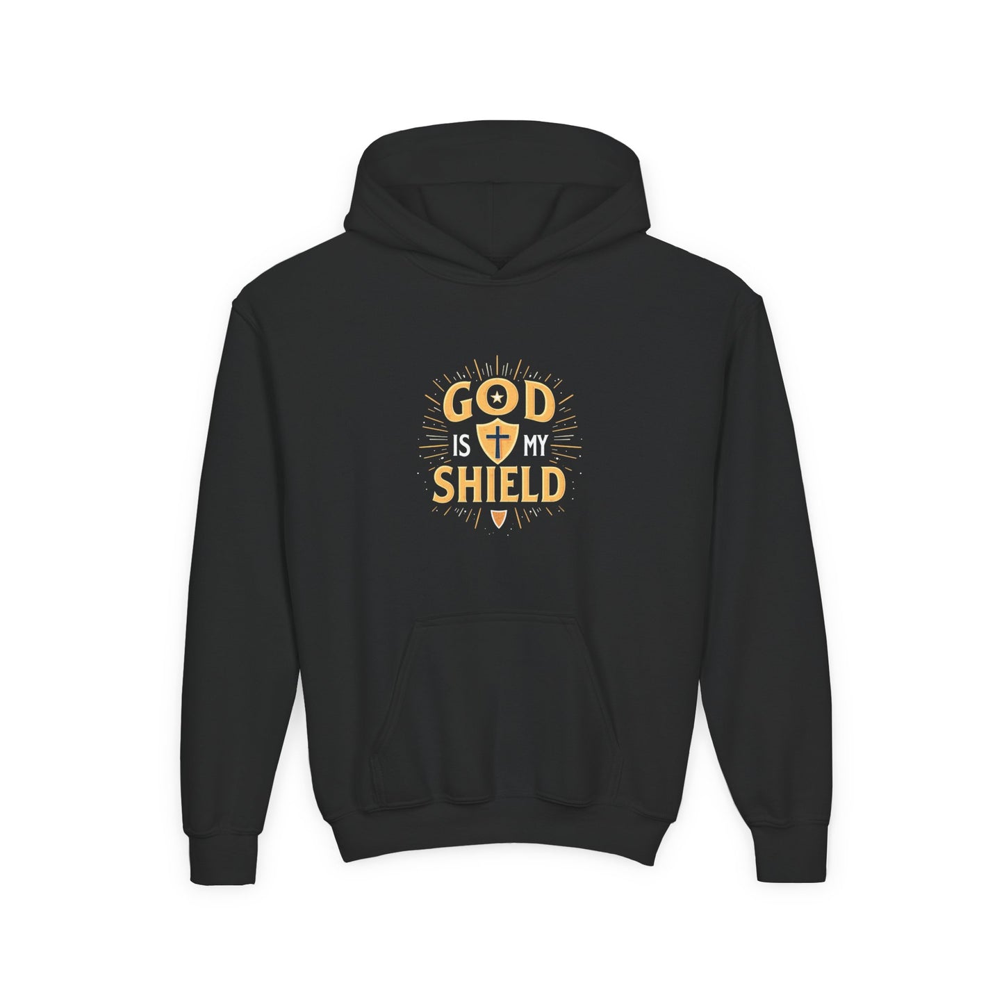 Youth Hoodie — "God Shield" Faith Graphic Pullover