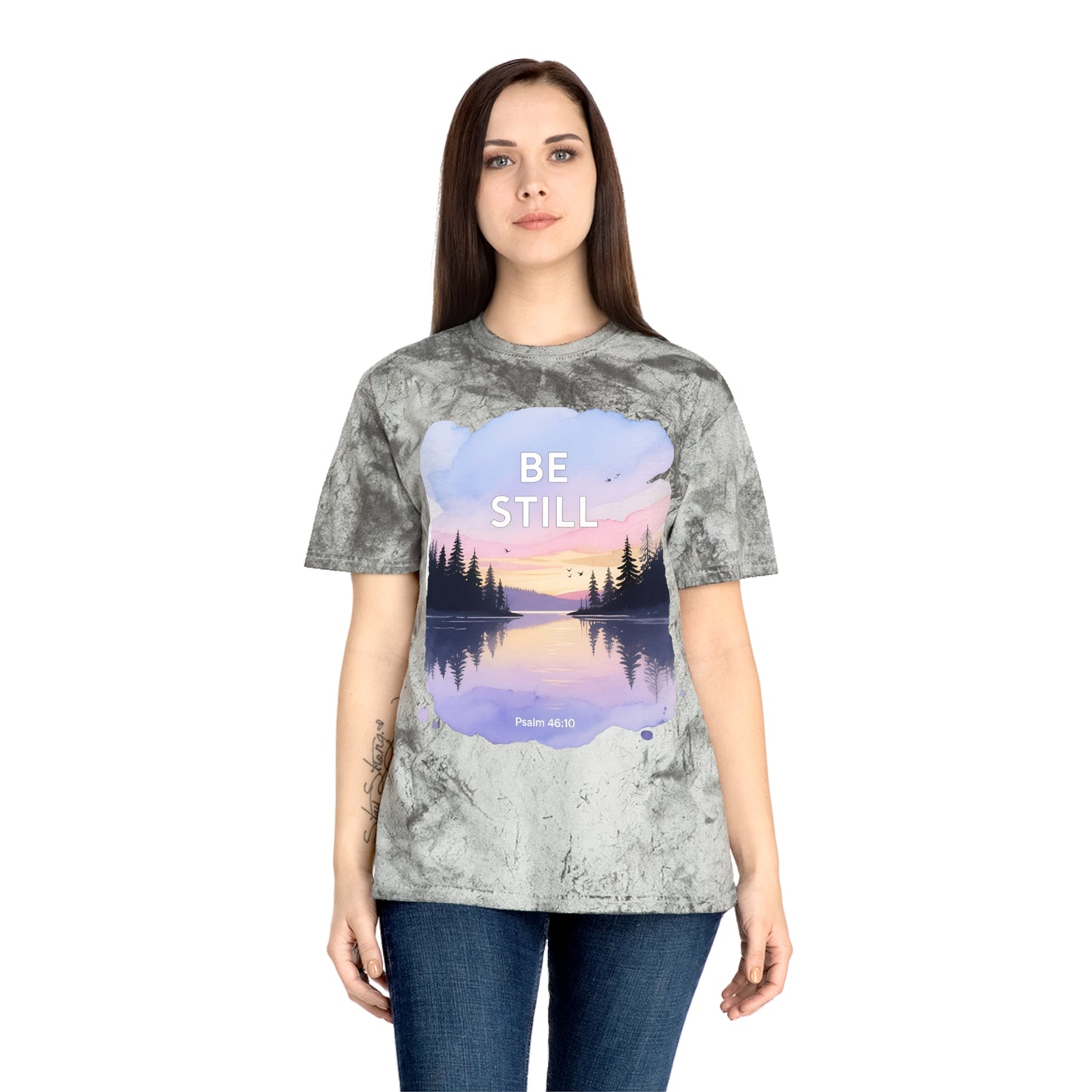 Be Still Scenic T-Shirt — Psalm 46:10 Sunset Lake Tee