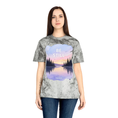 Be Still Scenic T-Shirt — Psalm 46:10 Sunset Lake Tee
