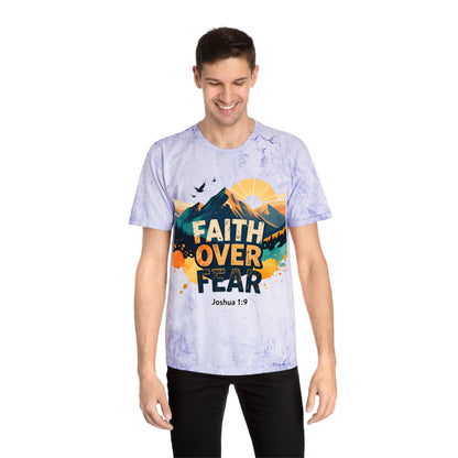 Faith Over Fear Color-Blast T-Shirt — Joshua 1:9 Retro Sunrise
