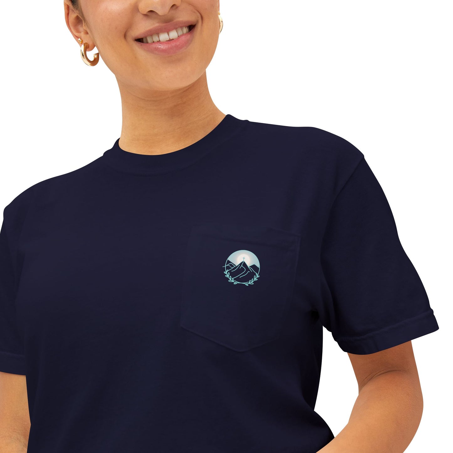 Pocket T-Shirt — Mountain Cross Back Graphic