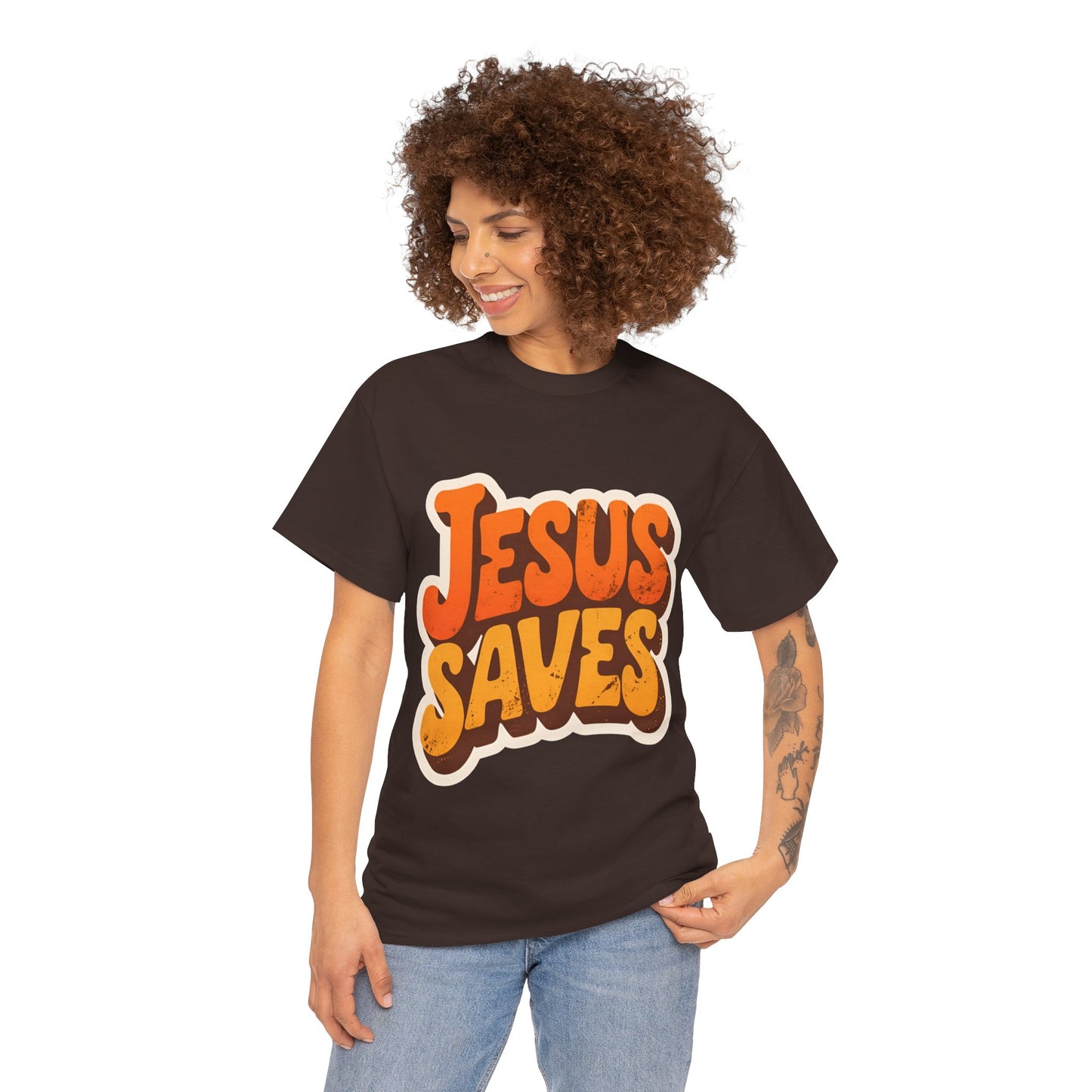 Jesus Saves Retro Tee — Bright Sunset Faith T-Shirt