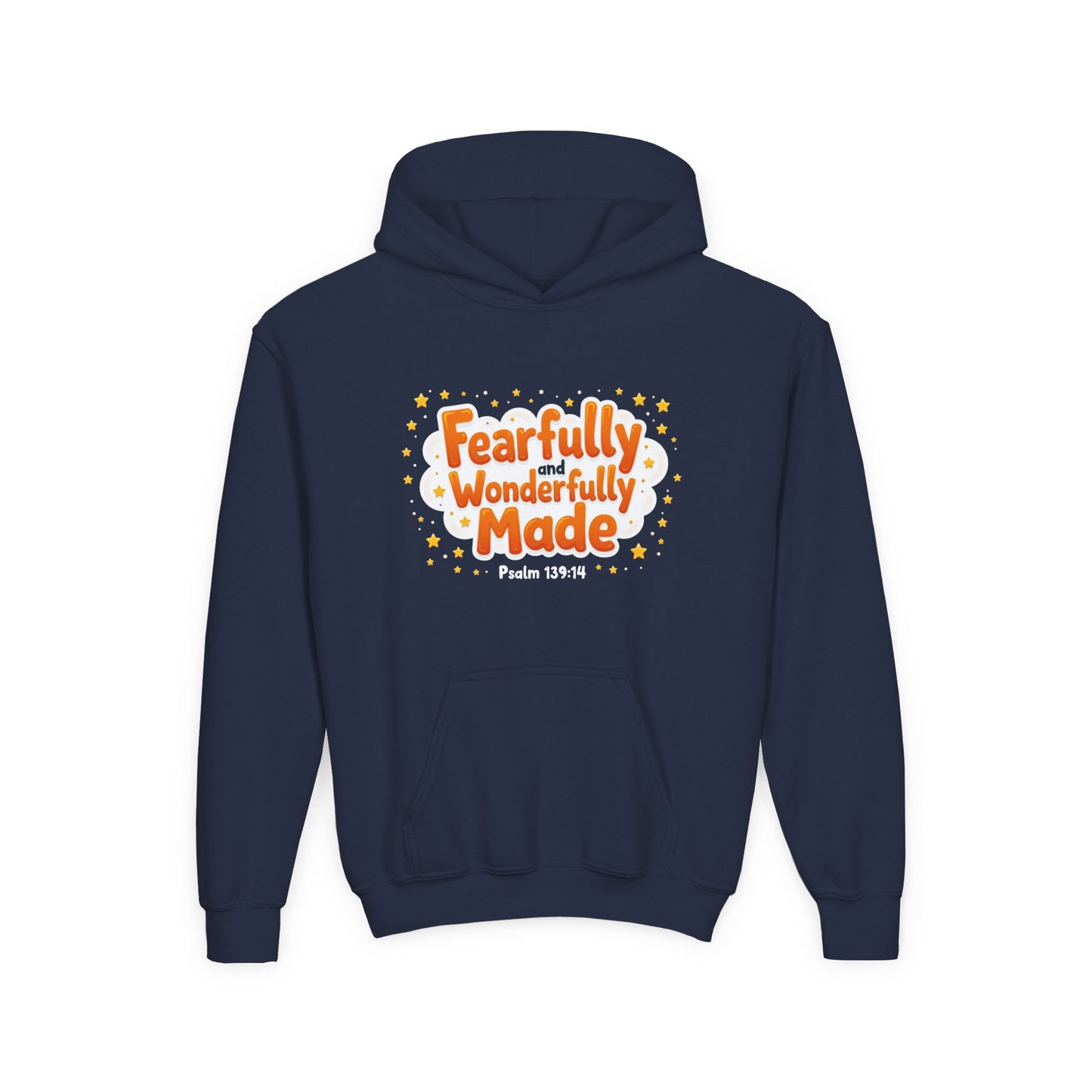 Youth Hoodie — "Fearfully & Wonderfully Made" Christian Kids Sweatshirt (Psalm 139:14)