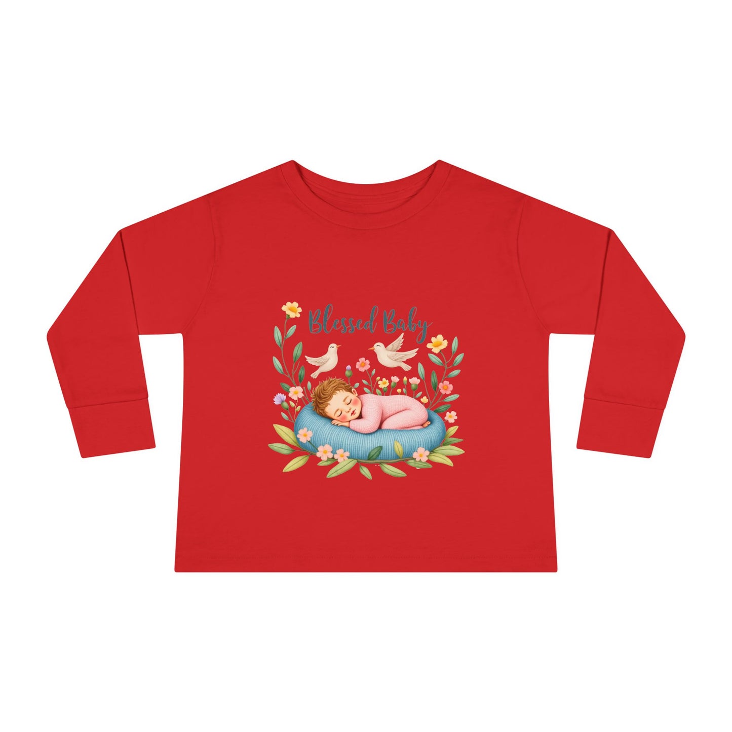 Blessed Baby Toddler Long Sleeve Tee — Cute Sleeping Newborn Floral Design