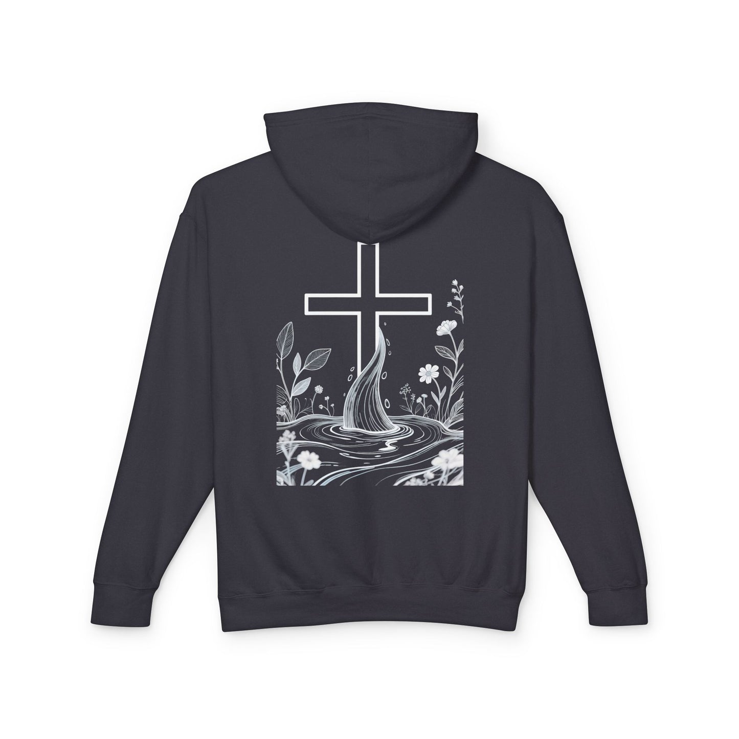 Lightweight Faith Hoodie — Subtle Cross & Stream Design