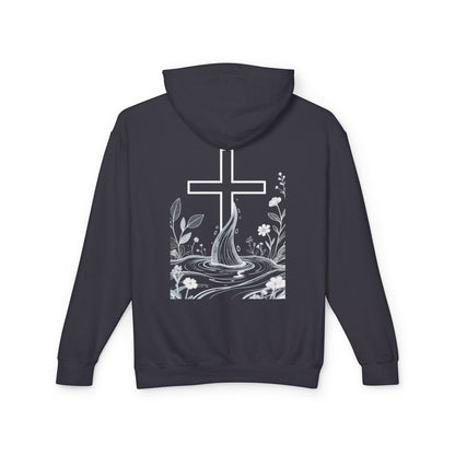 Lightweight Faith Hoodie — Subtle Cross & Stream Design