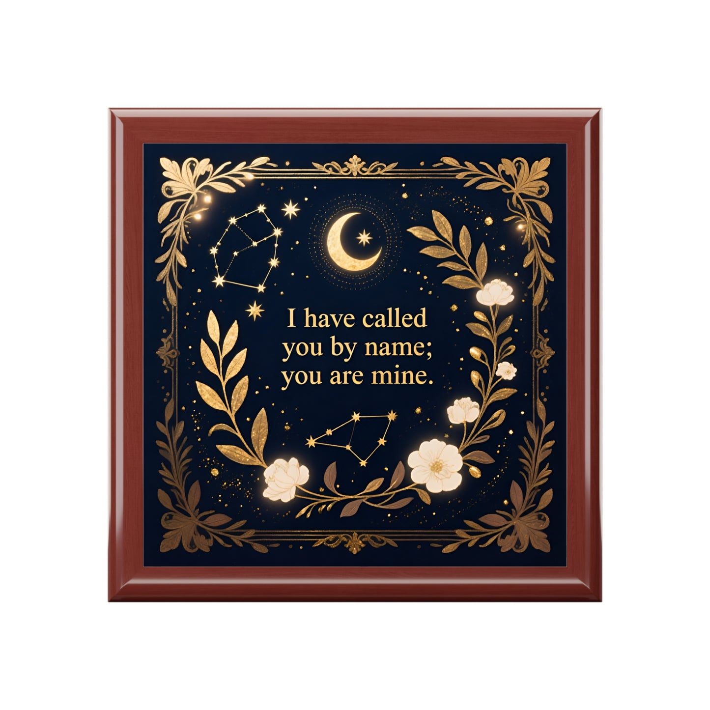 Keepsake Jewelry Box – 'I Have Called You By Name; You Are Mine' Gold Floral Moon Design