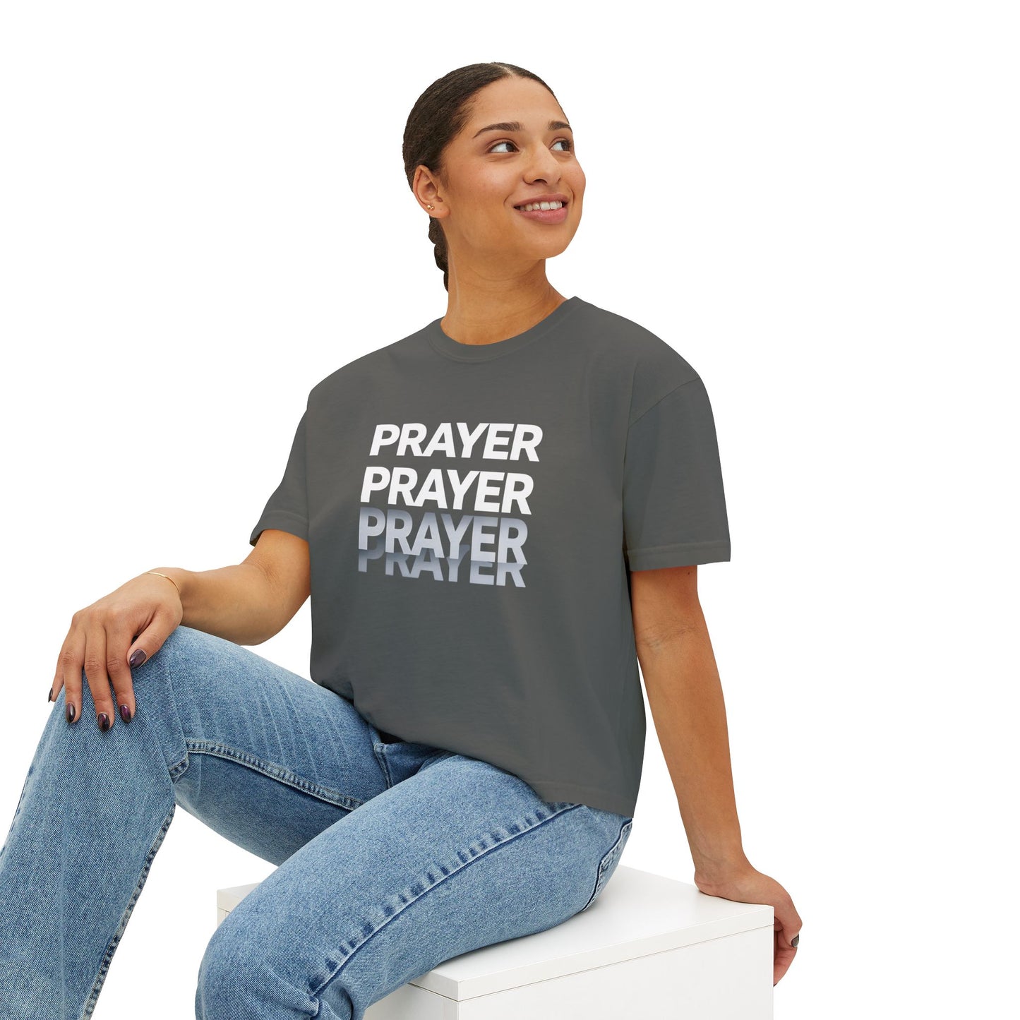 Prayer Boxy Tee — Women's Spiritual Graphic Top (Prayer Repeated Design)