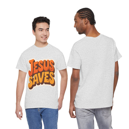 Jesus Saves Retro Tee — Bright Sunset Faith T-Shirt
