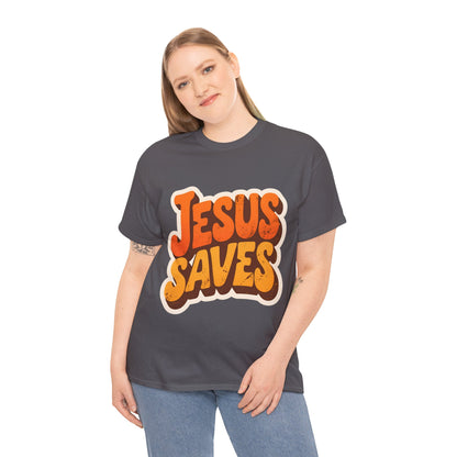 Jesus Saves Retro Tee — Bright Sunset Faith T-Shirt