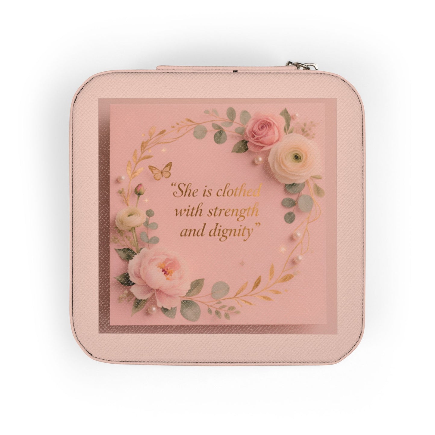 Pink Floral Jewelry Travel Case – Compact Organizer with Ring Rolls & Compartments (She is Strong with Courage and Dignity)