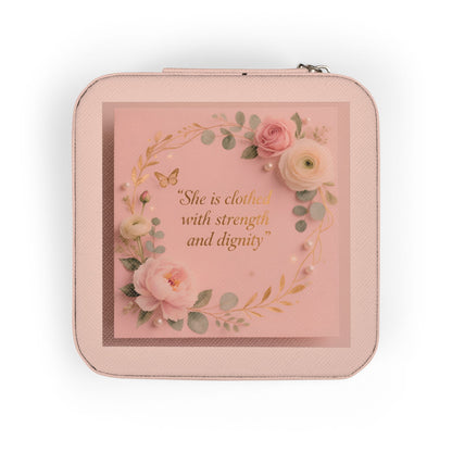 Pink Floral Jewelry Travel Case – Compact Organizer with Ring Rolls & Compartments (She is Strong with Courage and Dignity)